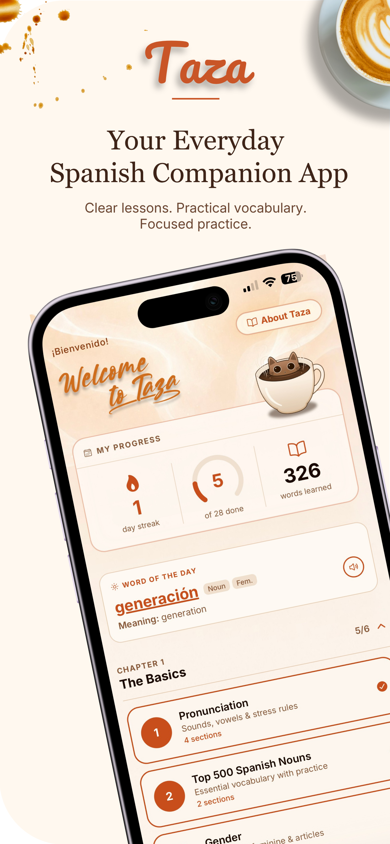 Taza home screen showing learning progress, a word of the day, and structured Spanish modules